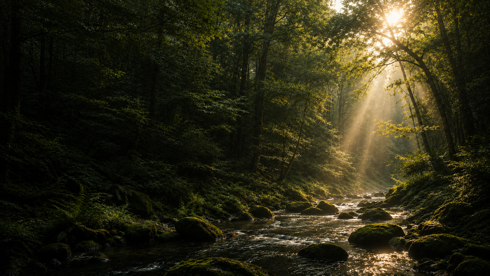 Floresta cinematográfica com luz atravessando árvores