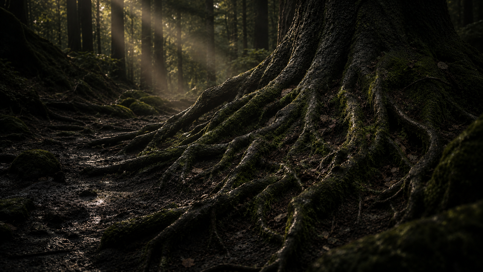 Raízes de floresta com luz